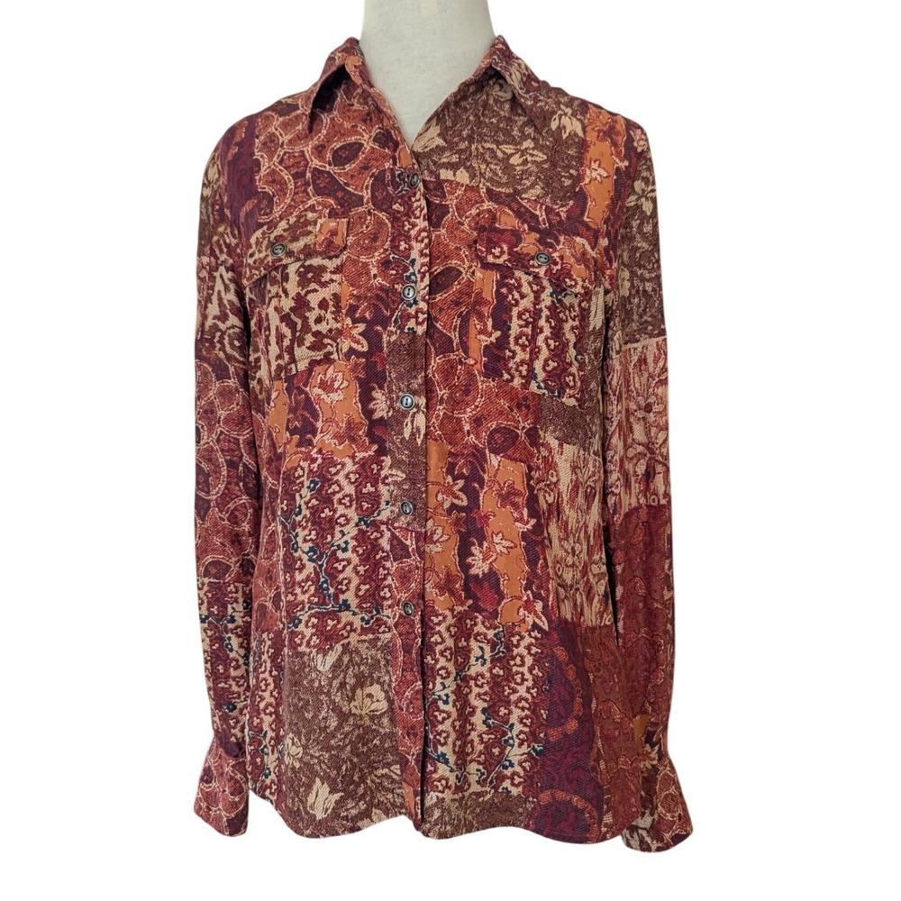 Lucky Brand Button Down Women S Brown Silk Patchwork Print Long Sleeve Blouse